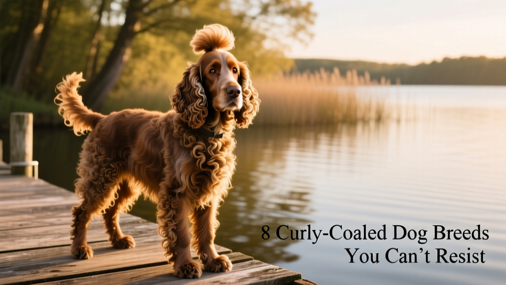 An Irish Water Spaniel with a distinctive topknot and ringlet coat, standing beside a dock
