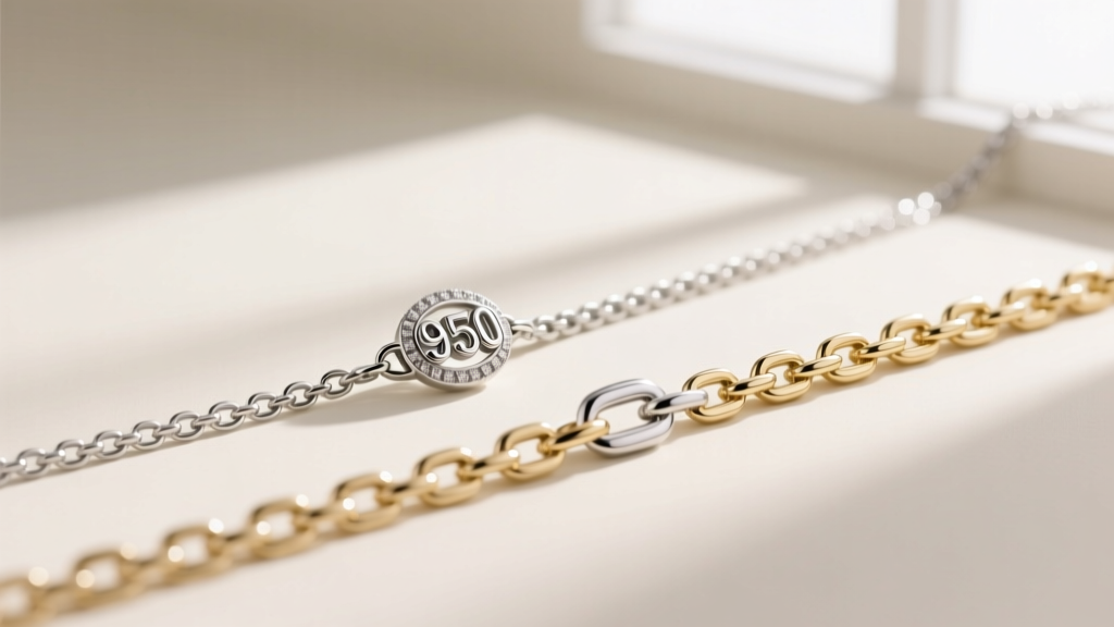 Macro photography of a 950 platinum pendant chain next to a rhodium-plated 18k white gold chain showing subtle color differences