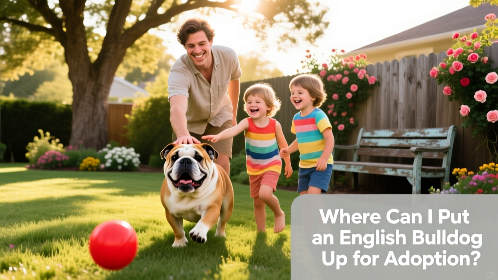 An English Bulldog happily playing in a sunlit backyard with a young adult and two children, showing warmth and connection