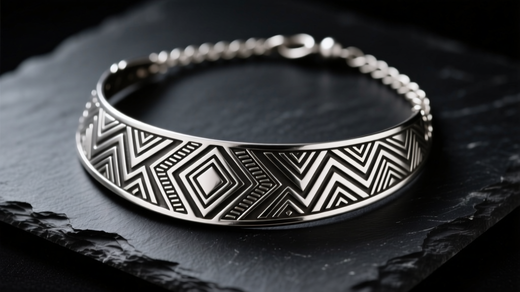 Sterling silver concho necklace on dark slate showing geometric Navajo motifs under soft directional studio lighting