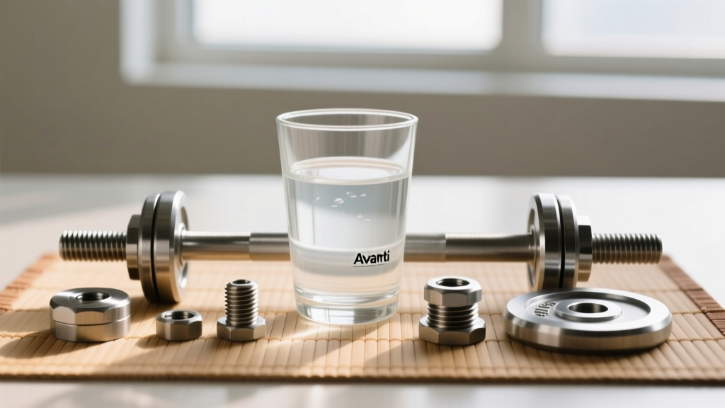 Glass cup with sterile saline next to a disassembled internally threaded Avanti body barbell resting on a clean bamboo mat surface.