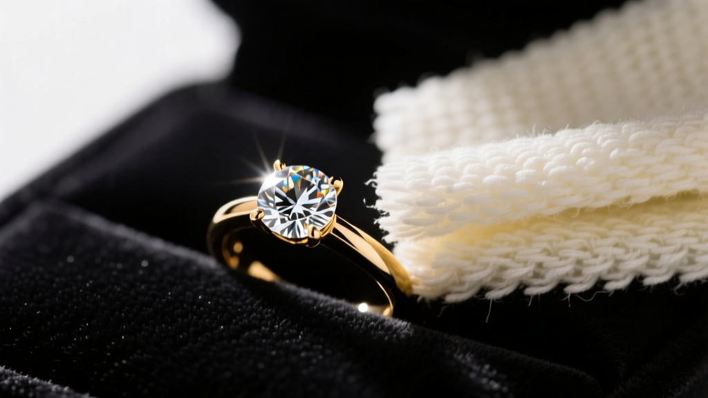 Close-up of a high-density microfiber cleaning cloth for jewelry wiping a diamond solitaire ring on a dark velvet surface.