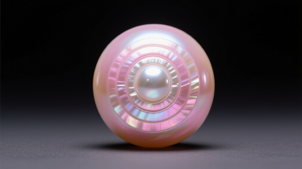 Macro photo of a single Edison pearl showing concentric nacre layers and subtle pink iridescence under studio lighting