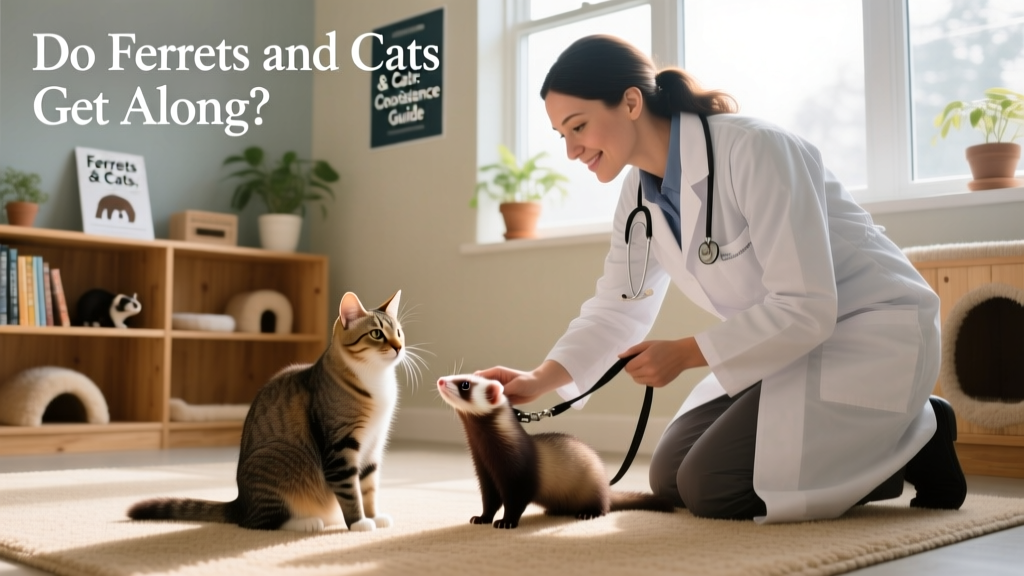 A veterinarian demonstrating safe, leash-assisted introduction between a cat and ferret in a controlled setting