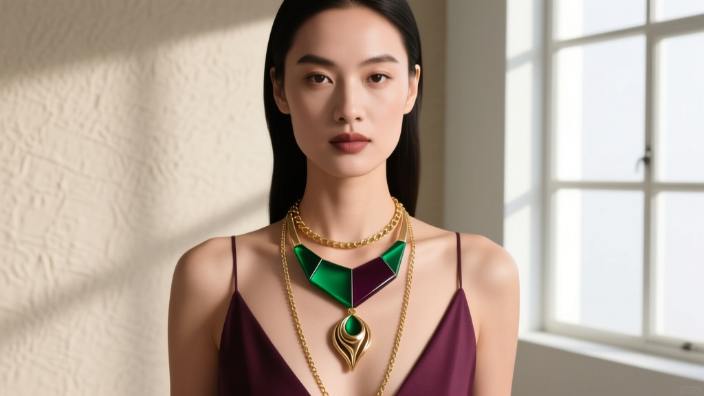 Woman wearing a layered stack with a delicate 14-inch gold chain, a bold 18-inch resin Loft statement piece, and a long lariat.