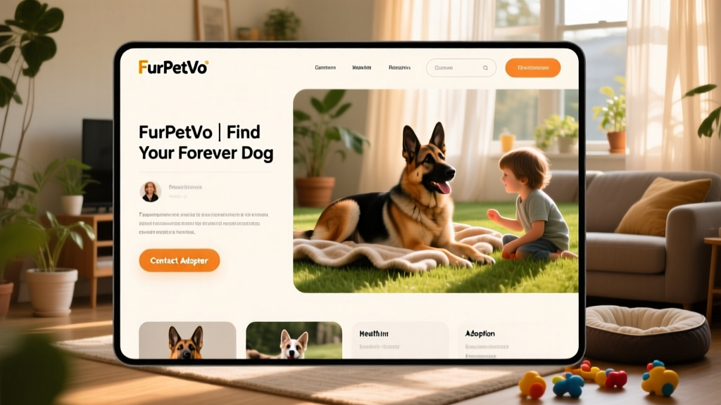 Screenshot-style mockup of the FurPetVo website showing a German Shepherd's profile page with photos, bio, and 'Contact Adopter' button