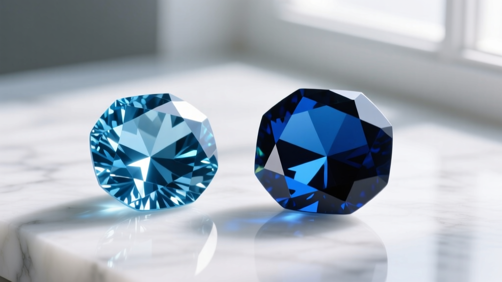 Close-up macro shot comparing a bright Swiss blue topaz and a deep London blue topaz gemstone resting on a white marble surface