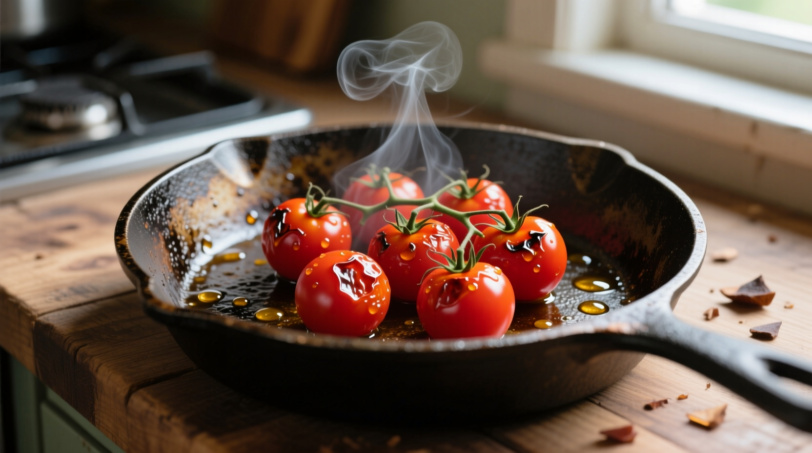 Cherry tomatoes blistering in cast iron skillet