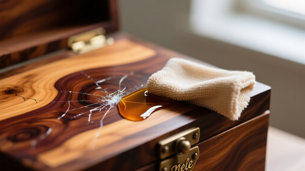 Close-up of a cloth applying microcrystalline wax to scratched burl wood veneer on a classic Mele jewelry box exterior surface