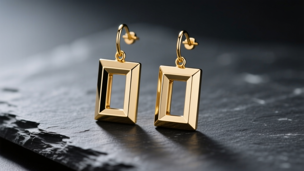 Close-up of polished 18k gold rectangle drop earrings on dark slate, reflecting soft studio lighting to highlight crisp edges.