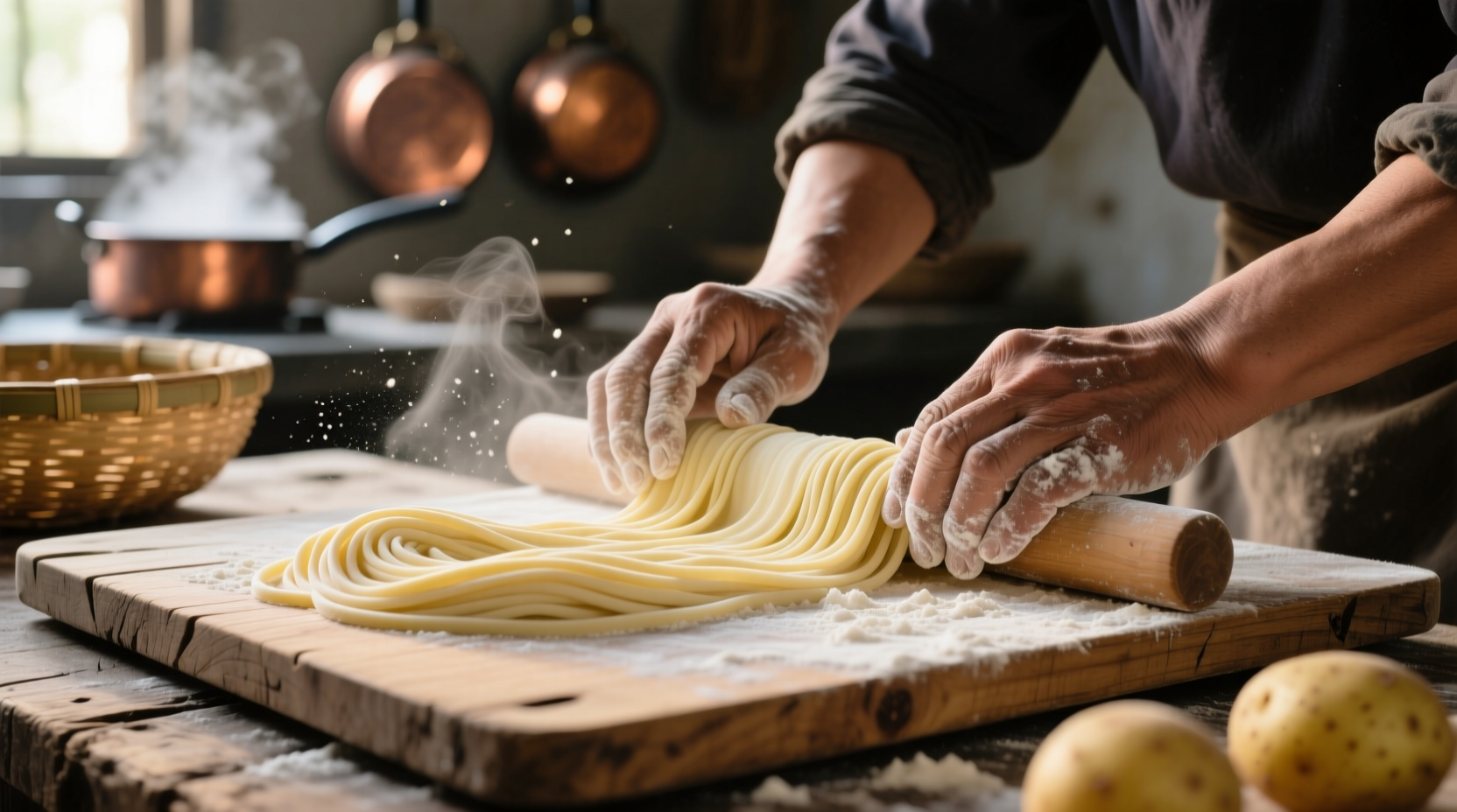Hand rolling fresh potato noodles on wooden board