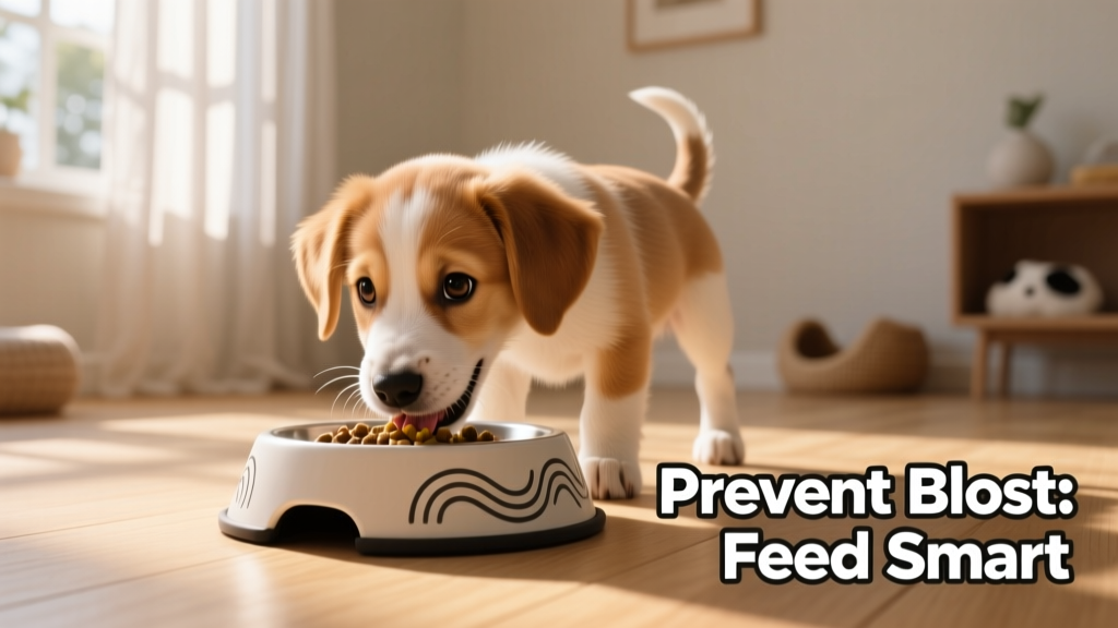 Happy, healthy puppy eating from a slow-feed bowl with calm surroundings
