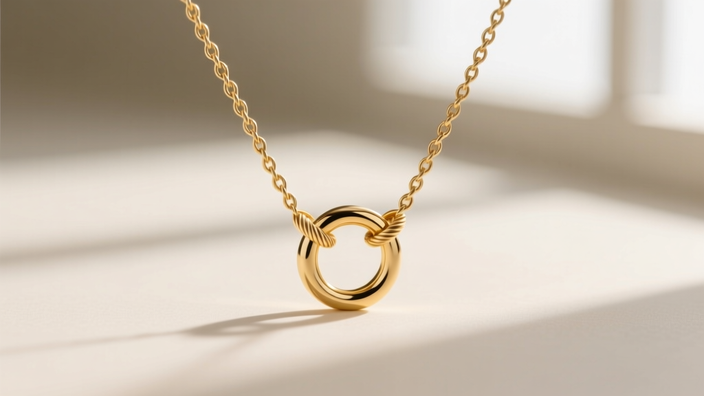 Macro photography of a gold pendant bail looping through a thin cable chain, demonstrating proper clearance to prevent flipping.
