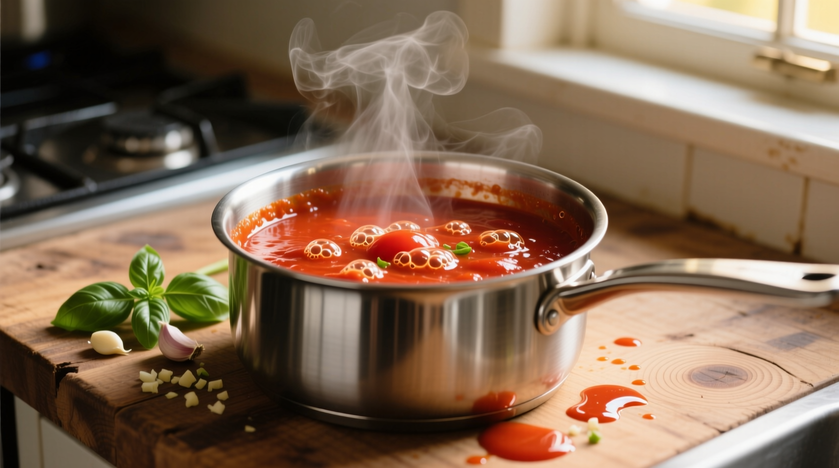 Fresh homemade tomato sauce simmering in stainless steel pot