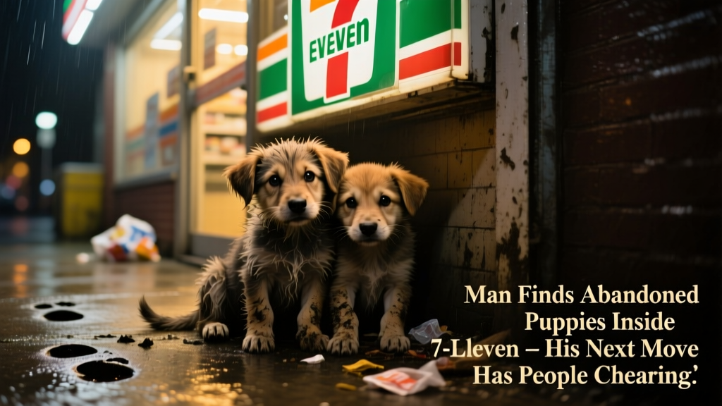 Three dirty, abandoned puppies huddled together near the entrance of a convenience store