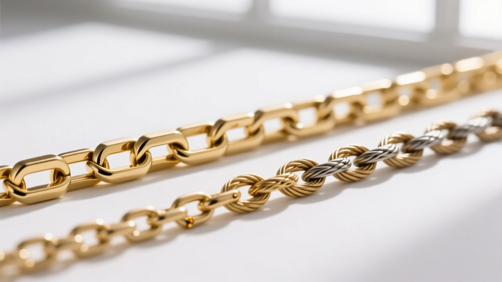 Macro photo comparing a 0.9mm gold box chain link structure to a 1.2mm cable chain, showing soldered joints on a white backdrop