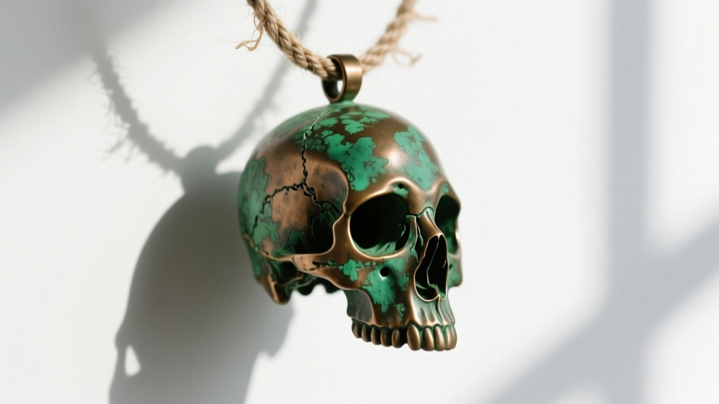 Side profile of a marine bronze skull pendant showing natural green patina buildup in the crevices, paired with a rope chain.