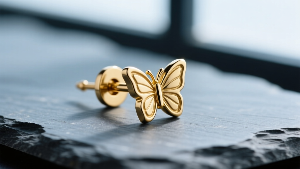 Macro of a 20-gauge 14k gold earring push back on slate, showing the butterfly friction grooves and delicate metal tension prongs