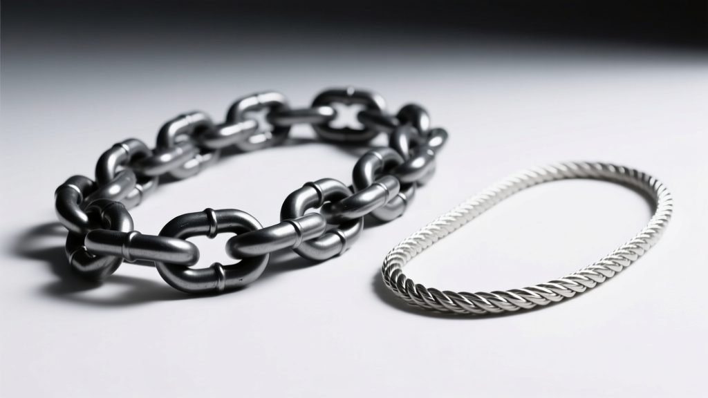 Close-up of a scale weighing a heavy tungsten curb chain beside a light titanium rope chain under soft, diffused studio lighting.