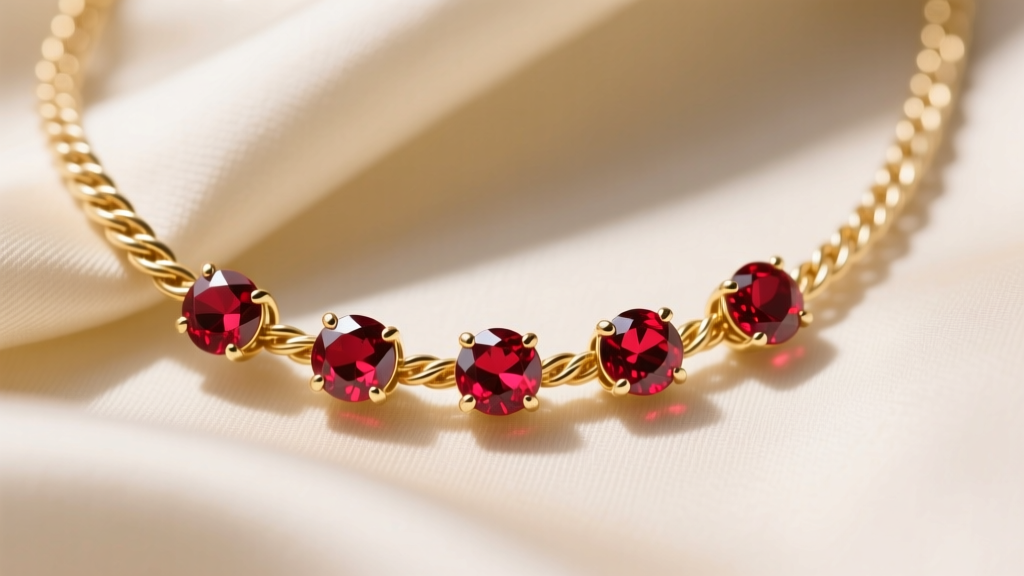 Close-up of a 14k gold cable chain with five evenly spaced 4mm round-cut deep red pyrope garnet stations on cream silk.