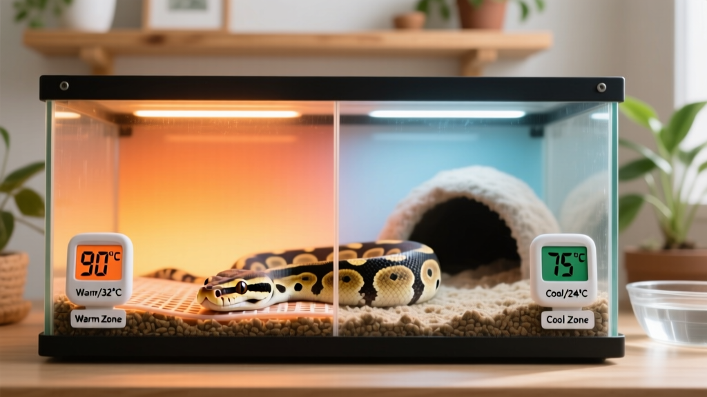 Side-by-side comparison showing ideal temperature gradient in a ball python enclosure with digital thermometer readings on both ends