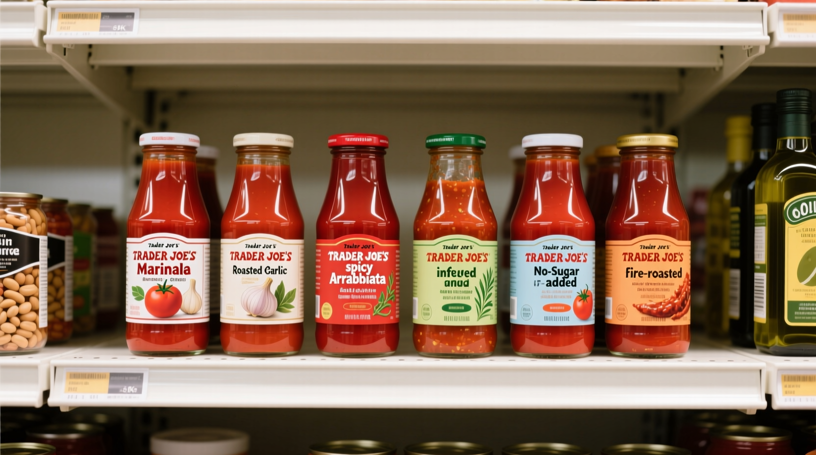 Trader Joe's tomato sauce varieties on grocery shelf