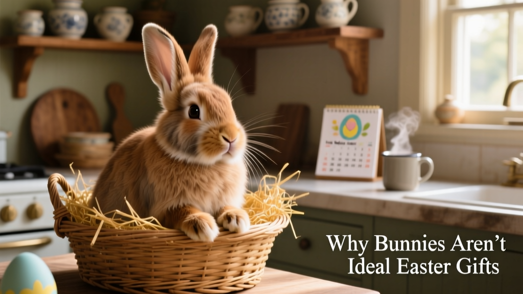 A fluffy brown bunny sitting gently in an Easter basket lined with straw