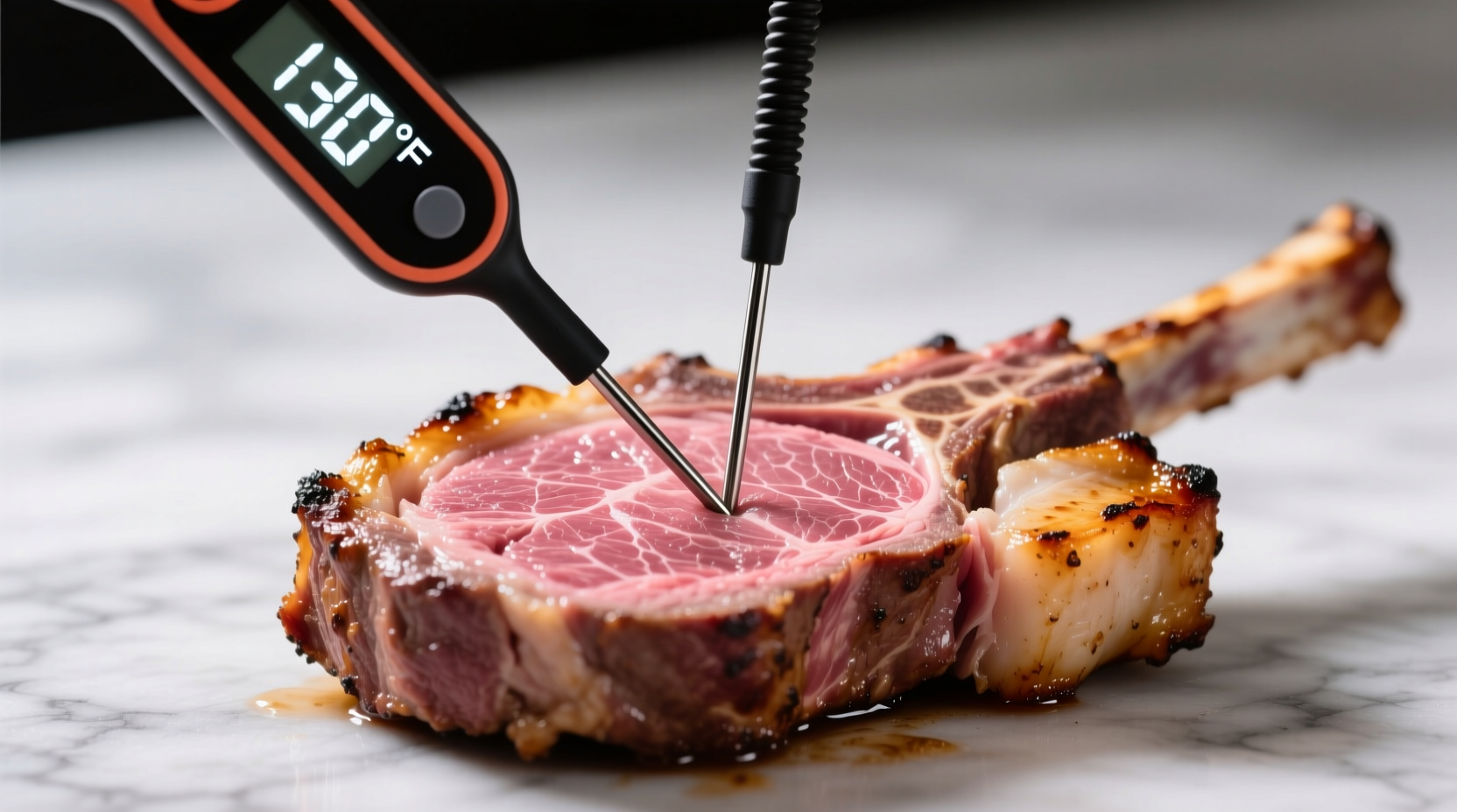Digital meat thermometer inserted into medium-rare lamb chop