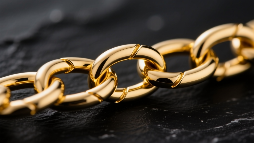 Macro photography of a 5mm hollow 18k yellow gold paperclip chain link on dark slate, highlighting laser-welded seams