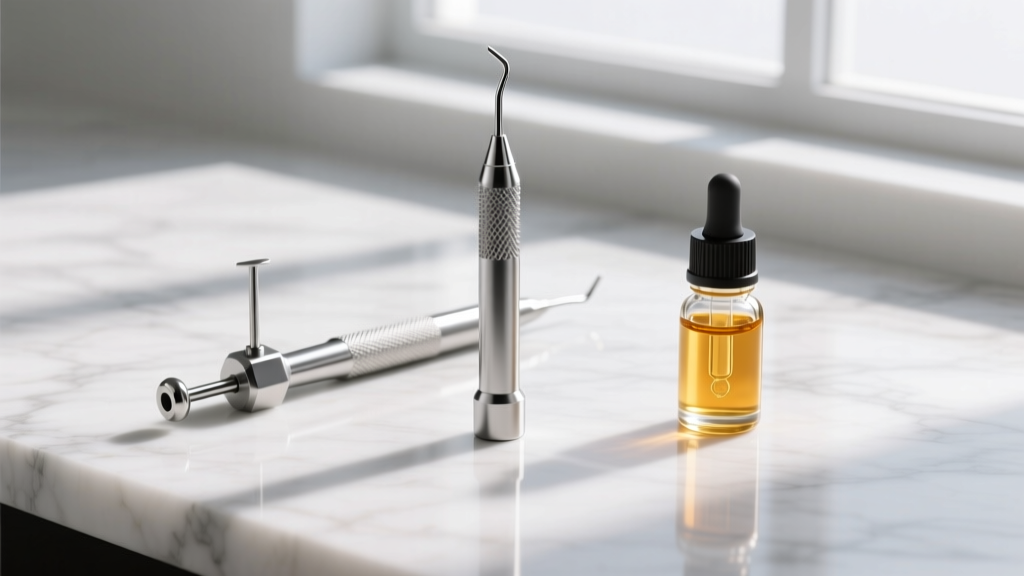 Flat lay of piercing tools on marble: a steel insertion taper, implant-grade titanium labret, and a small glass jojoba oil bottle.