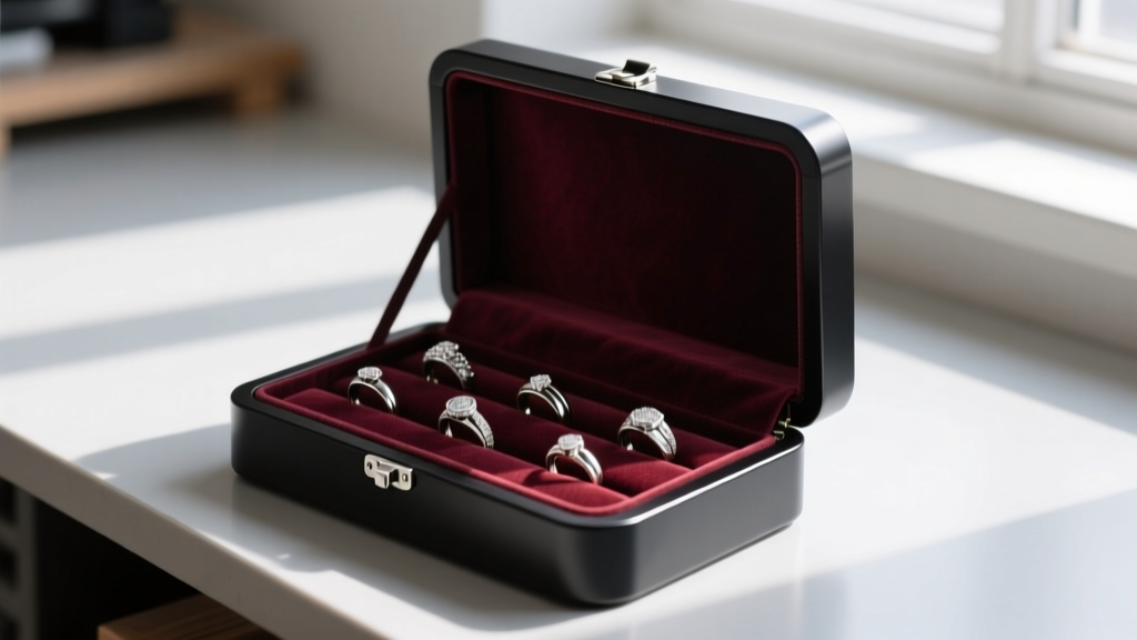 Open matte-black aluminum tool box jewelry box on a workbench, revealing velvet-lined cantilever trays with silver rings.