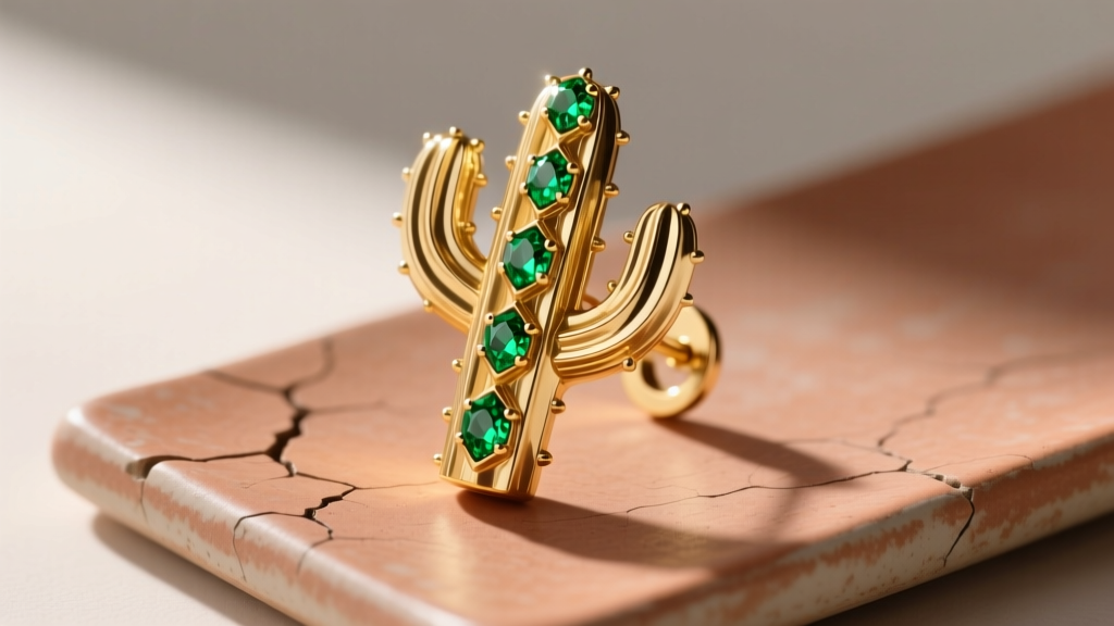 Close-up of a sculptural 14k gold saguaro cactus earring with tsavorite accents resting on a textured terracotta ceramic tile