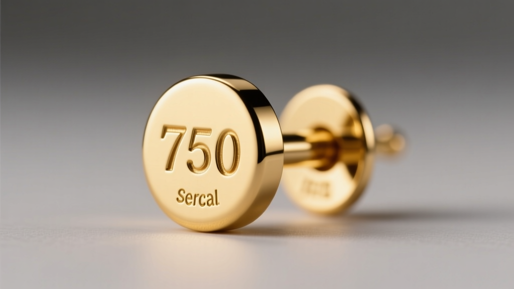 Macro view of an 18k gold earring post showing a crisp 750 hallmark and tiny serial number engraved under focused studio light.