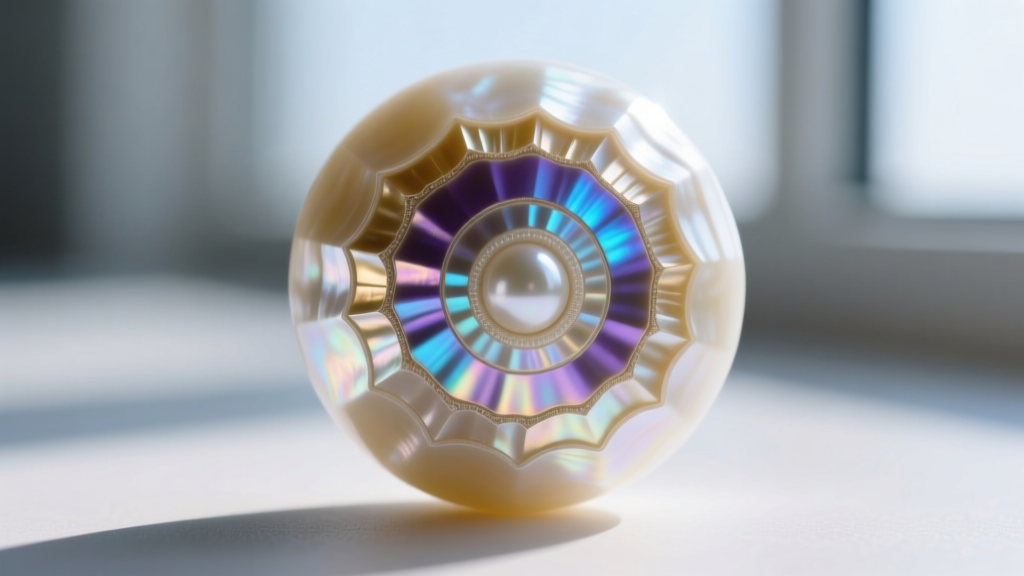 Macro shot of genuine mother of pearl bead surface showing overlapping aragonite platelets and natural iridescent growth rings.