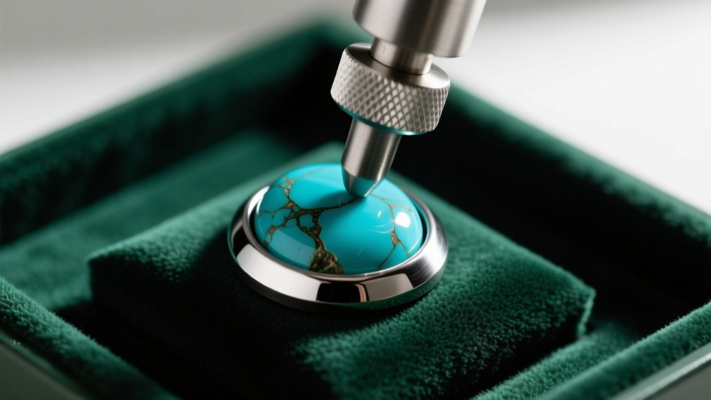 A steel bezel pusher pressing a silver bezel wall against a raw blue turquoise cabochon on a dark green jeweler's workbench mat.