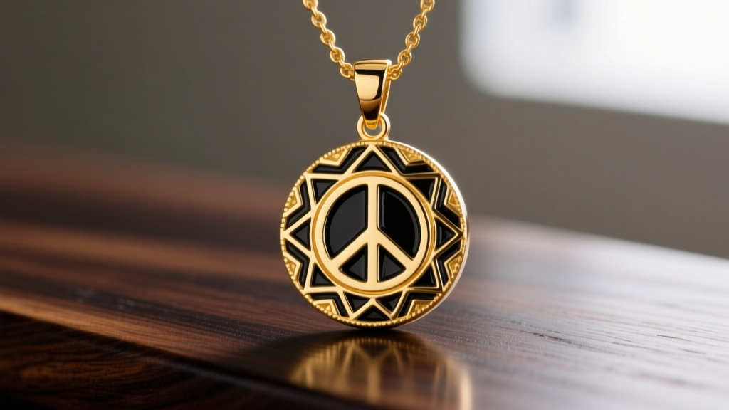 Close-up of a 14k yellow gold Hawaiian Aloha necklace pendant with deep black enamel filling, resting on polished dark koa wood