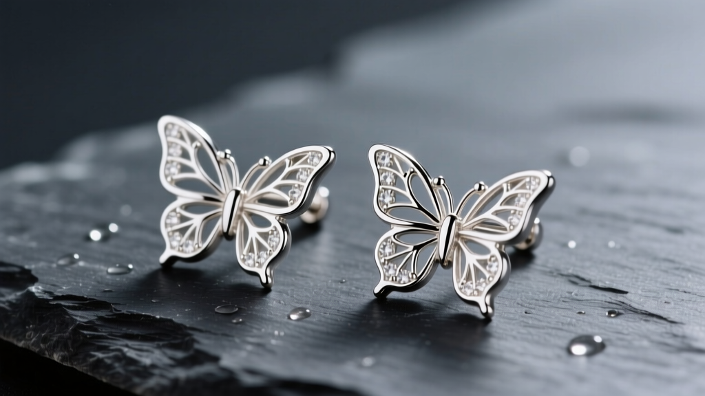 Close-up of 14k white gold butterfly stud earrings on dark slate, soft lighting highlighting the bright rhodium metal finish.