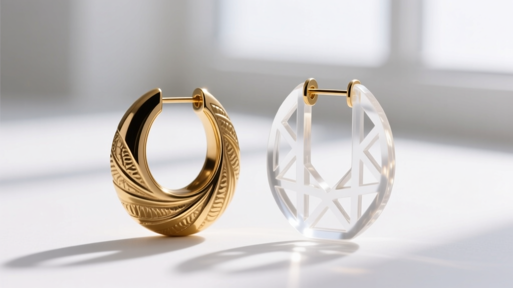 Macro shot comparing a solid brass statement earring next to a translucent, lightweight acetate earring of the exact same size.