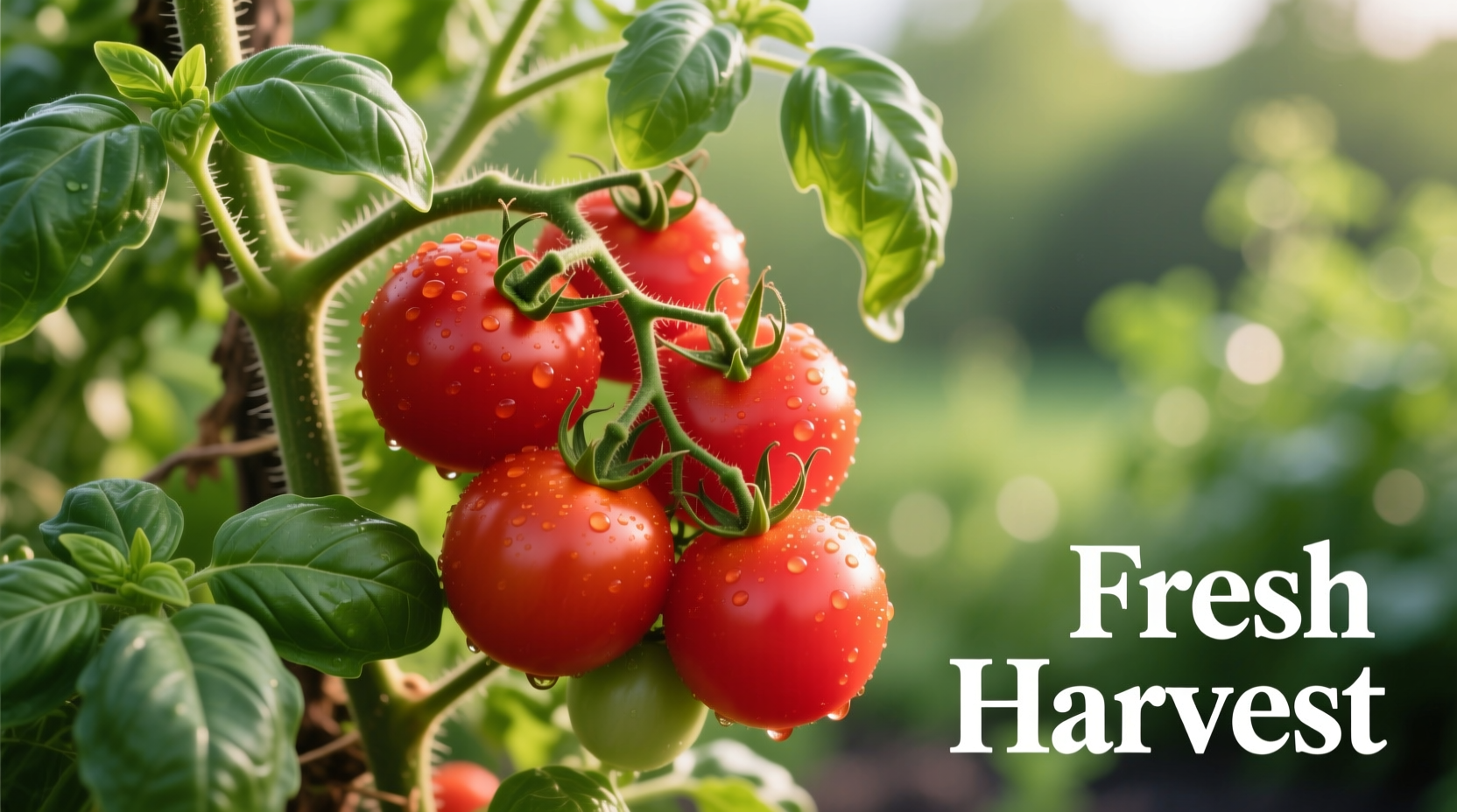 Ripe red tomatoes on vine with fresh basil