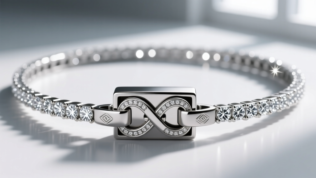 Detailed view of a concealed box clasp with double figure-8 safety catches on the back of a flexible diamond choker necklace.