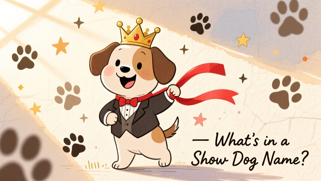 A cheerful hand-drawn illustration of a dog wearing a tiny crown and holding a ribbon, surrounded by playful paw prints and stars