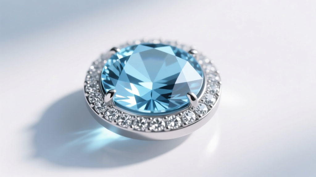 Macro shot of a sky blue topaz gemstone in a bezel setting with single-cut diamond accents, showing its pale, icy blue clarity.