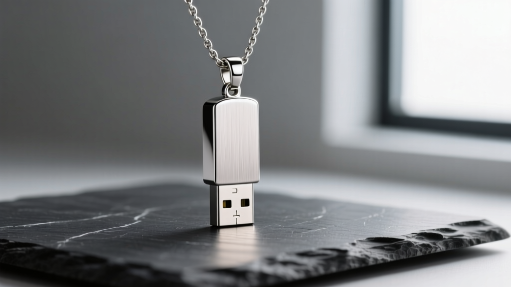 Brushed 316L stainless steel USB drive necklace pendant resting on dark slate, reflecting soft, warm studio lighting.