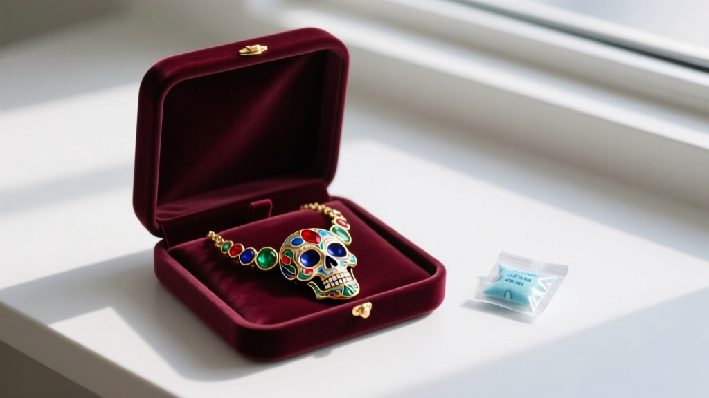 Open velvet box with a polished sugar skull necklace on soft anti-tarnish cloth, and a small silica gel packet placed near it.