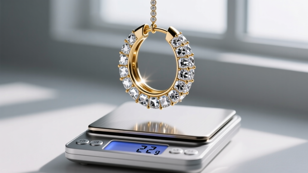 Close-up of a heavy crystal-embellished Balenciaga hoop earring being weighed on a digital jeweler scale showing 22 grams
