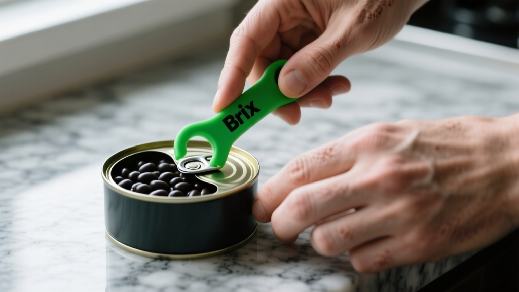 Hands using a green plastic Brix CanKey tool to pry open a stubborn pull-tab on a can of black beans over a granite countertop.