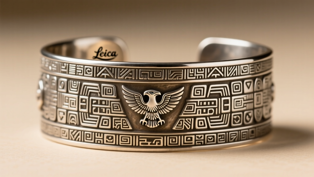 Close-up of a mid-century Mexican Taxco sterling silver cuff bracelet showing intricate aztec motifs and an eagle hallmark stamp