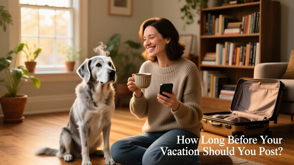 An older dog sitting calmly beside a smiling woman holding a coffee cup and phone; warm, welcoming home setting in background
