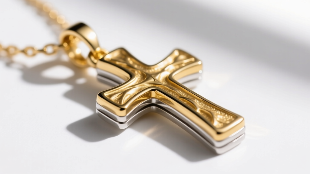 Side view of a gold vermeil chunky cross pendant, showing minor edge wear that reveals the underlying sterling silver base metal.