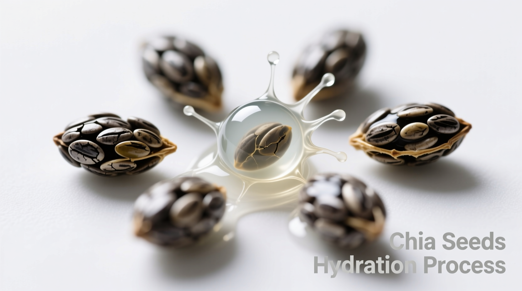 Chia seeds transforming from dry to hydrated state